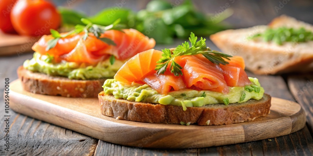 Sandwich with creamy avocado slices and succulent red fish on soft bread, selective focus, avocado, red fish, sandwich, food Sandwich with creamy avocado slices and succulent red fish on soft bread, selective focus, avocado, red fish, sandwich, food