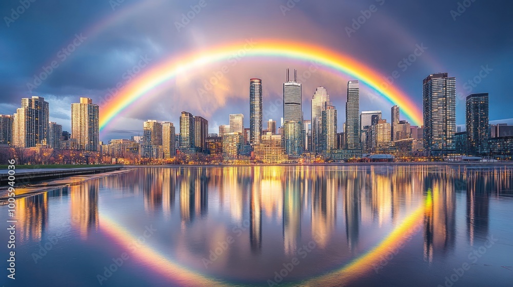 A vibrant rainbow arches over a city skyline reflected in a tranquil lake at sunset. A vibrant rainbow arches over a city skyline reflected in a tranquil lake at sunset.