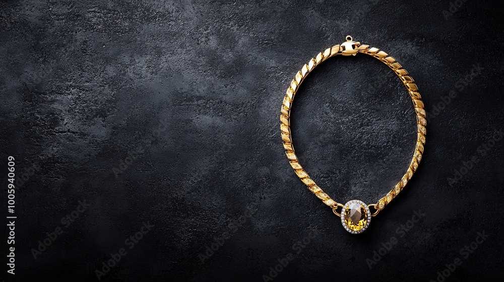 A golden necklace with a large gemstone centerpiece displayed on a dark background, gold necklace, luxurious jewelry A golden necklace with a large gemstone centerpiece displayed on a dark background, gold necklace, luxurious jewelry