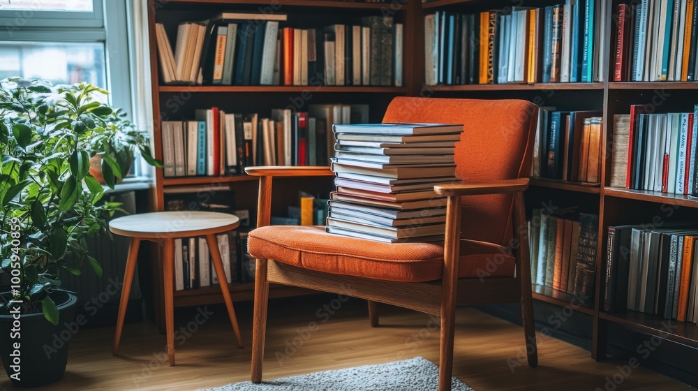 Cozy reading nook with books and a chair, inviting relaxation and study. Cozy reading nook with books and a chair, inviting relaxation and study.