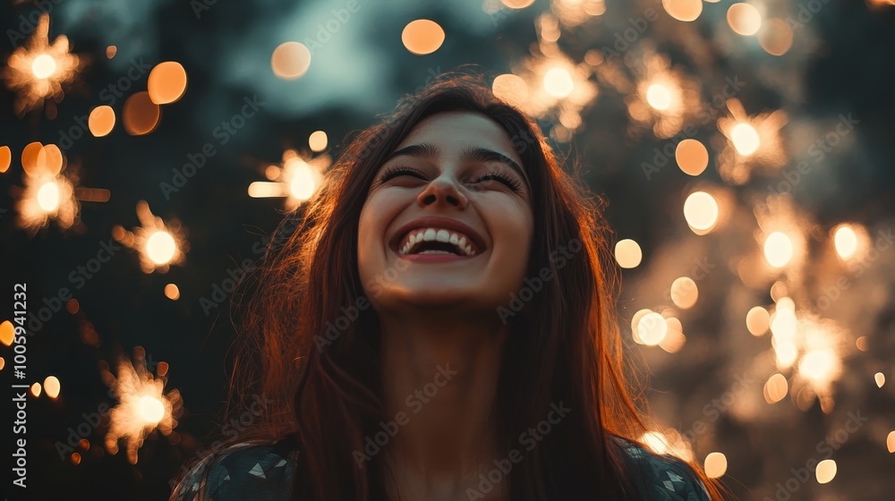 Joyful Colombian Girl Experiencing Ecstatic Laughter While Watching Colorful Fireworks Display Joyful Colombian Girl Experiencing Ecstatic Laughter While Watching Colorful Fireworks Display