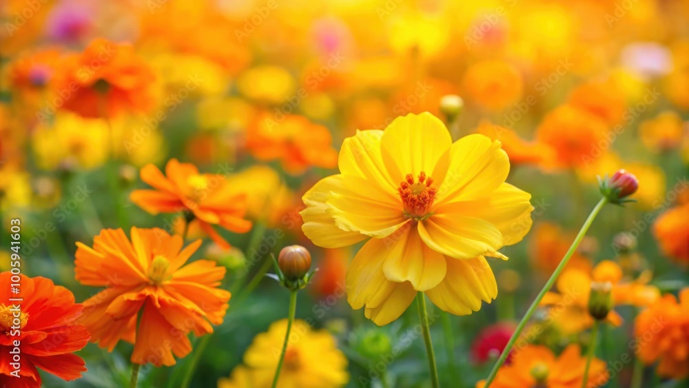 Vibrant marigold and yellow cosmos flowers blooming in a colorful plantation , marigold, yellow, flowers, vibrant, colorful Vibrant marigold and yellow cosmos flowers blooming in a colorful plantation , marigold, yellow, flowers, vibrant, colorful