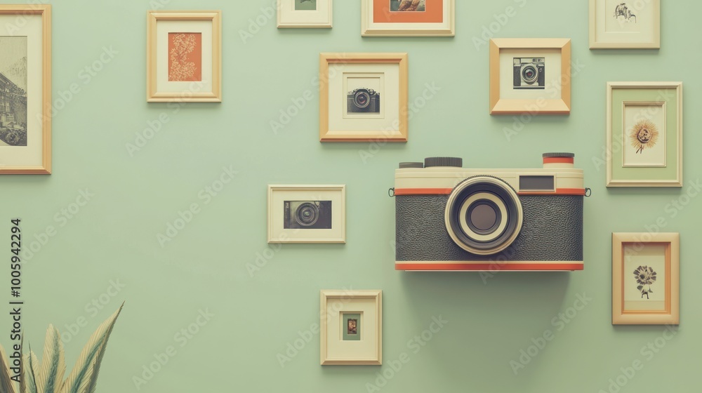 Fototapeta premium A decorative wall featuring framed photos and a vintage camera as a focal point.