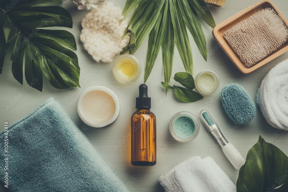 Immerse in a tranquil oasis of self-care with spa products surrounded by tropical leaves. Promote balance and harmony with natural cosmetics for body, skin, and health Immerse in a tranquil oasis of self-care with spa products surrounded by tropical leaves. Promote balance and harmony with natural cosmetics for body, skin, and health