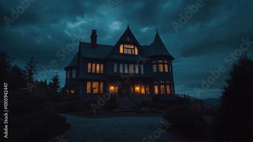 A dark, moody mansion illuminated at night, surrounded by trees and a cloudy sky.