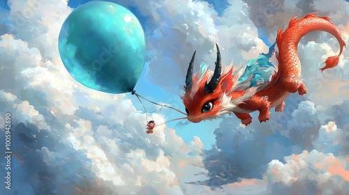 Dragon Flying with Balloon in Sky photo