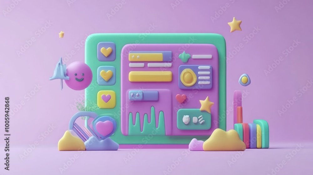 A vibrant 3D illustration of a user interface with playful elements and icons. A vibrant 3D illustration of a user interface with playful elements and icons.