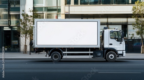 Wallpaper Mural A white truck with an LED screen on the side, displaying a large blank banner for advertising or branding. The setting is outdoors in front of a building, emphasizing the simplicity and contrast  Torontodigital.ca