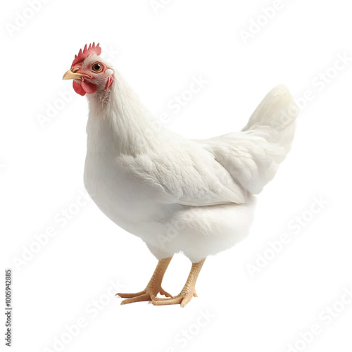 A close-up image of a white chicken standing against a plain background, showcasing its plumage and natural pose isolate on transparency background