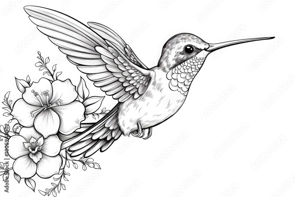 Fototapeta premium Intricate black and white line art illustration of a bird perched on a floral branch, perfect for adult coloring books or artistic projects