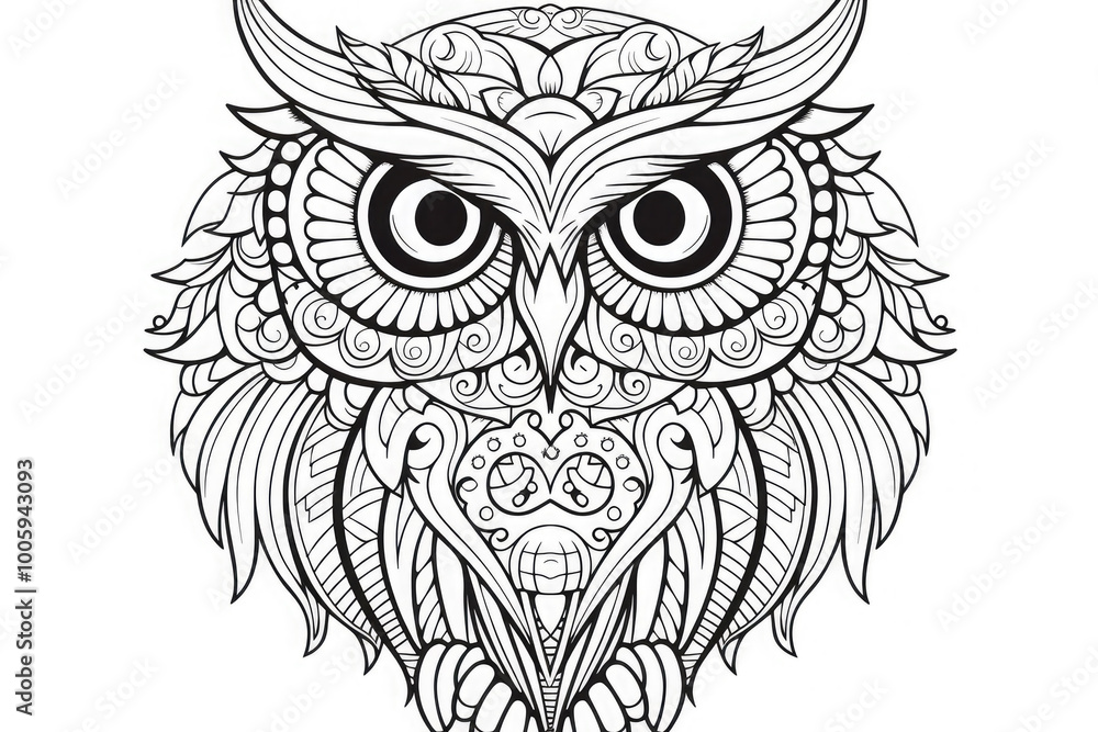 Fototapeta premium Highly detailed zentangle drawing of an owl, perfect for coloring books, adult coloring pages, and other creative projects. This intricate illustration features a symmetrical design