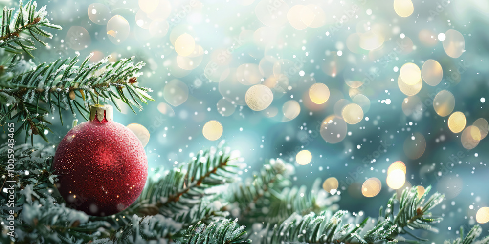 Christmas ball ornament hangs gracefully on a snow-dusted evergreen branch, creating a festive and cozy atmosphere with a warm, shimmering gold bokeh. Banner. Copy space Christmas ball ornament hangs gracefully on a snow-dusted evergreen branch, creating a festive and cozy atmosphere with a warm, shimmering gold bokeh. Banner. Copy space