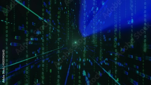 Futuristic AI interface with rotating binary code and digital matrix background. Coding, Hacking