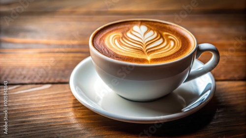 Latte art in cappuccino coffee cup with closeup of rosetta flower drawing in foam, latte art, cappuccino, coffee cup