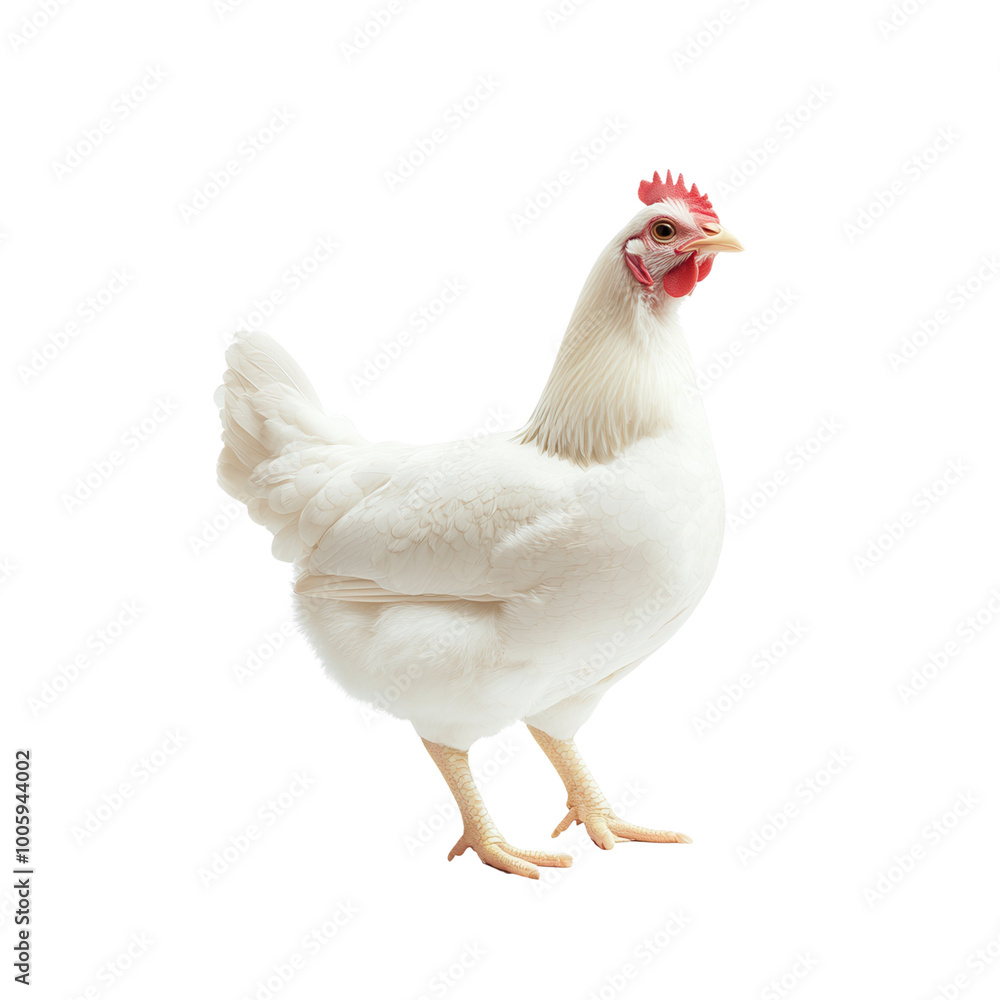 Fototapeta premium A high-quality image of a white chicken with a red comb isolated on a white background, perfect for agricultural and poultry concepts isolate on transparency background