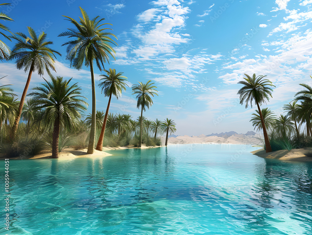 Serene oasis with tall palm trees and shimmering water under a clear desert sky. Serene oasis with tall palm trees and shimmering water under a clear desert sky.