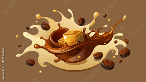 splashes and drops of melted dark chocolate, hot coffee and milk flow mixed