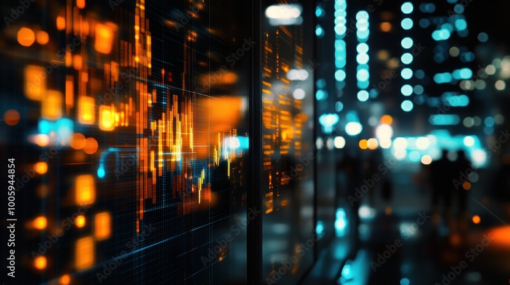Abstract cityscape with digital data visualization and blurred figures. Abstract cityscape with digital data visualization and blurred figures.