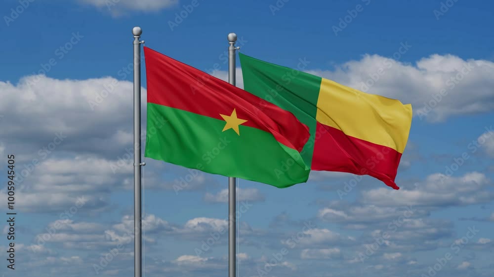 Burkina Faso and Benin flags flying together, video concept of the relationship Burkina Faso and Benin flags flying together, video concept of the relationship
