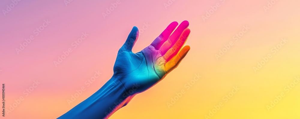 Obraz premium A giant, multicolored hand reaching down from the sky, symbolizing the power of creativity to shape the world