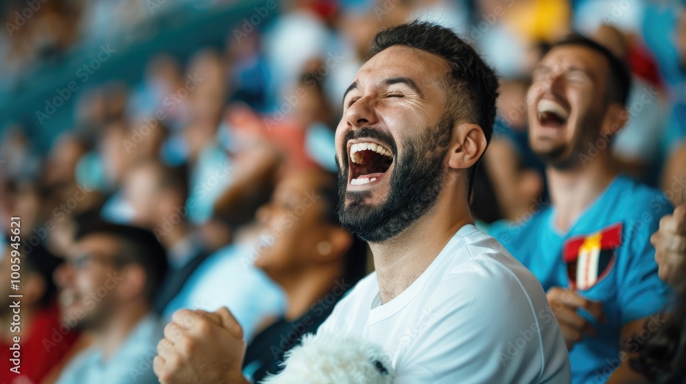 Fototapeta premium Joyful fan celebrating a sports victory with laughter in a vibrant crowd, capturing the essence of excitement and enthusiasm.
