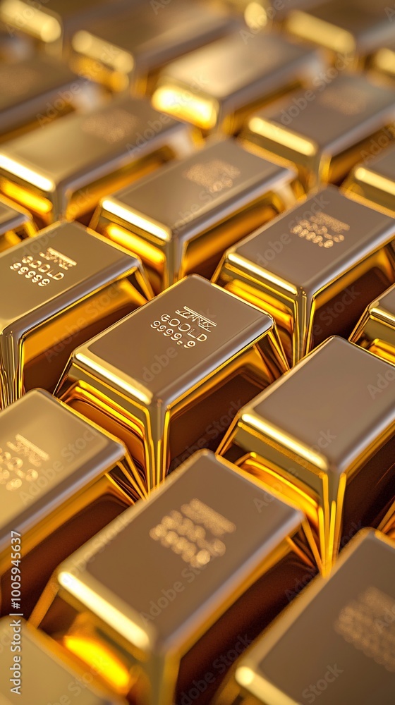 A close-up of gold bars stacked neatly, reflecting light in a luxurious display, gold bars, wealth and luxury A close-up of gold bars stacked neatly, reflecting light in a luxurious display, gold bars, wealth and luxury