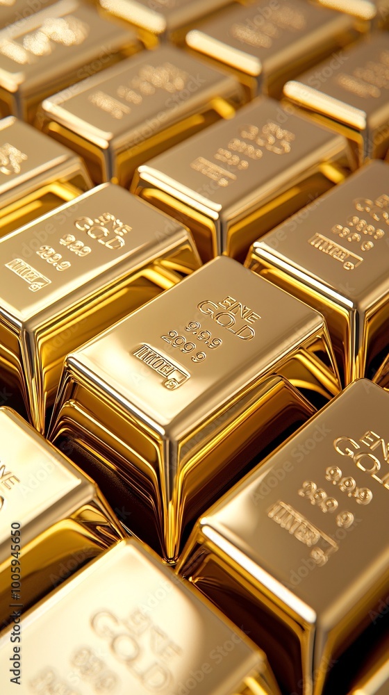 A close-up of gold bars stacked neatly, reflecting light in a luxurious display, gold bars, wealth and luxury A close-up of gold bars stacked neatly, reflecting light in a luxurious display, gold bars, wealth and luxury