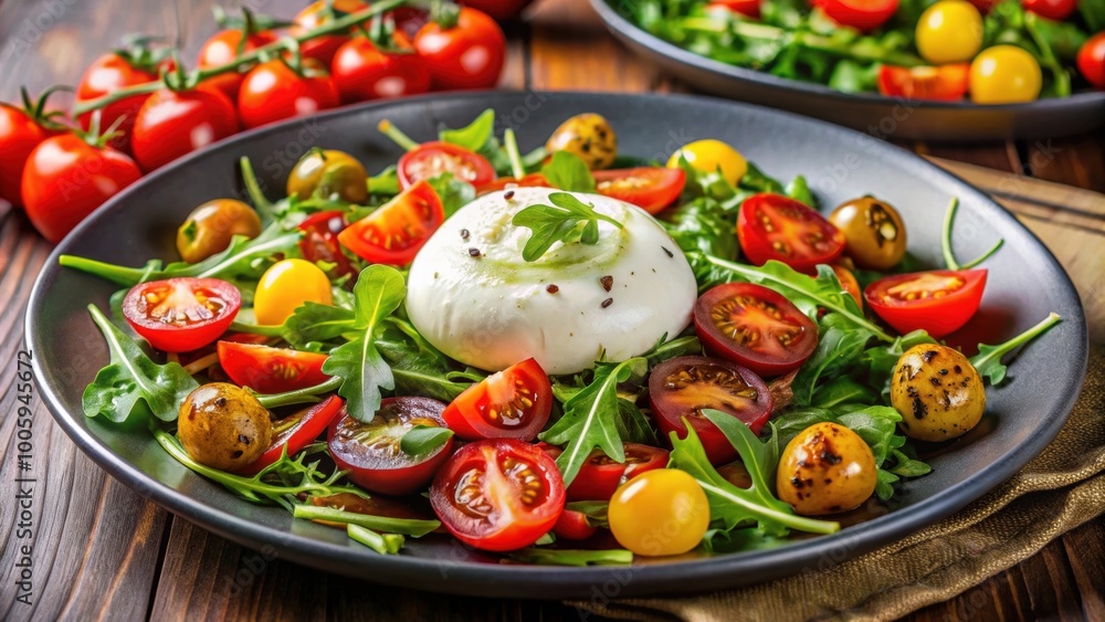 Fresh and colorful burrata cheese salad with arugula and tomatoes , burrata, cheese, salad, arugula, tomatoes, fresh Fresh and colorful burrata cheese salad with arugula and tomatoes , burrata, cheese, salad, arugula, tomatoes, fresh