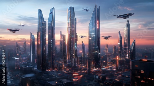 Futuristic cityscape with sleek modern high rise towers gleaming glass facades and a technoscape skyline featuring streamlined design elements aerial transportation systems in the distance photo