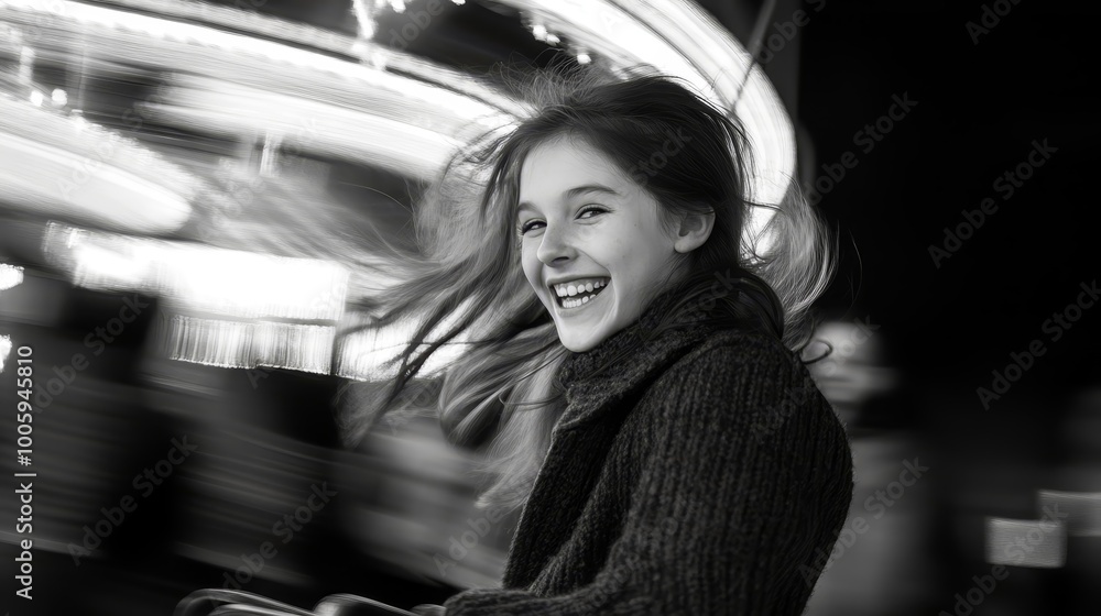 Excited British Girl with Enthusiastic Grin Enjoying a Spinning Ride at Amusement Park Excited British Girl with Enthusiastic Grin Enjoying a Spinning Ride at Amusement Park