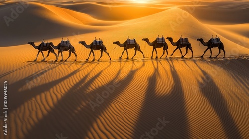 A camel caravan walking across golden sand dunes at dawn, their silhouettes casting long shadows on the undulating desert surface.