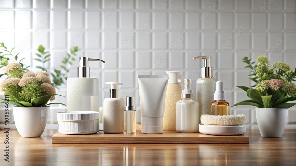 Packshot of cosmetic products in a modern bathroom setting, cosmetics, beauty, skincare, lotion, shampoo, conditioner Packshot of cosmetic products in a modern bathroom setting, cosmetics, beauty, skincare, lotion, shampoo, conditioner