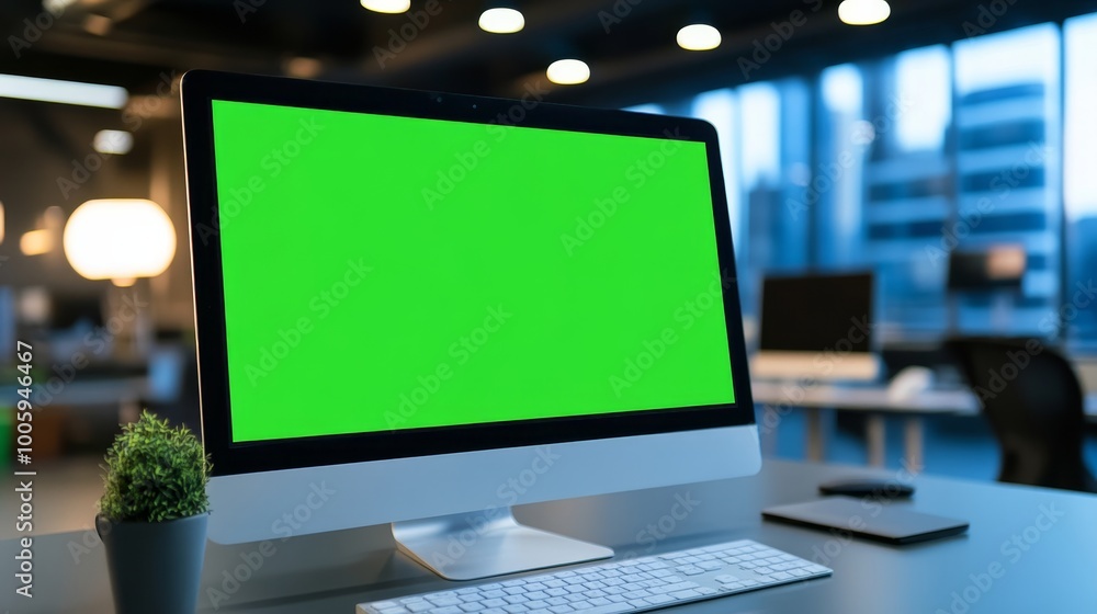 A detailed view of a green screen on a computer in a vacant business office, showcasing a chroma key background on the monitor for an isolated template, offering a blank mock-up space with no one A detailed view of a green screen on a computer in a vacant business office, showcasing a chroma key background on the monitor for an isolated template, offering a blank mock-up space with no one