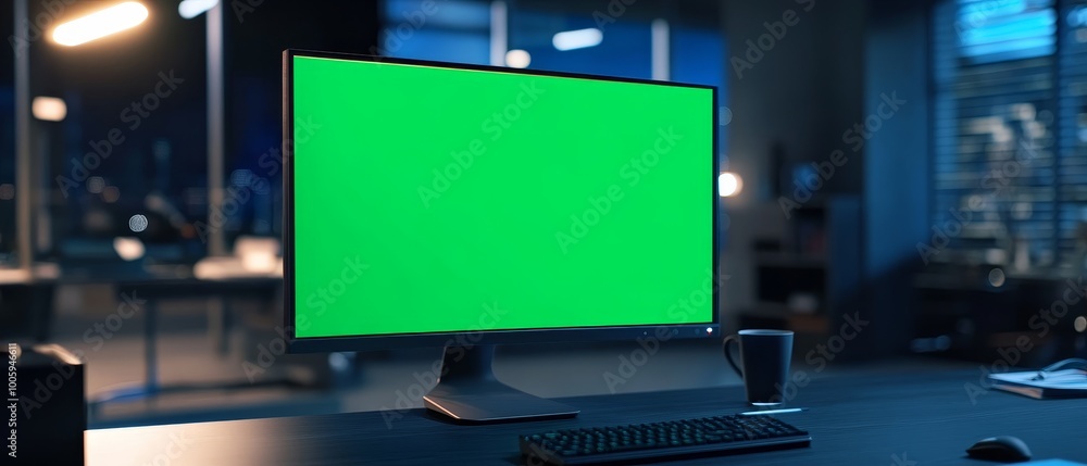 A detailed view of a green screen on a computer in a vacant business office, showcasing a chroma key background on the monitor for an isolated template, offering a blank mock-up space with no one A detailed view of a green screen on a computer in a vacant business office, showcasing a chroma key background on the monitor for an isolated template, offering a blank mock-up space with no one