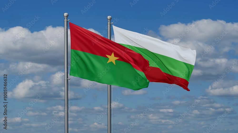 Bulgaria and Burkina Faso flags flying together, video concept of the relationship, two country relations concept Bulgaria and Burkina Faso flags flying together, video concept of the relationship, two country relations concept