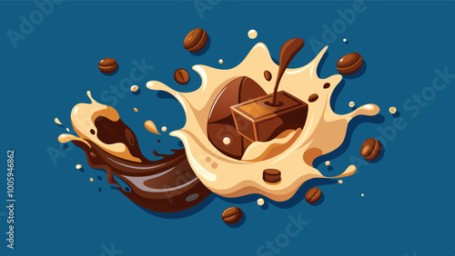 splashes and drops of melted dark chocolate, hot coffee and milk flow mixed