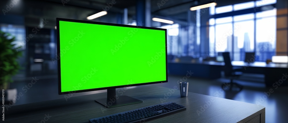 A detailed view of a green screen on a computer in a vacant business office, showcasing a chroma key background on the monitor for an isolated template, offering a blank mock-up space with no one A detailed view of a green screen on a computer in a vacant business office, showcasing a chroma key background on the monitor for an isolated template, offering a blank mock-up space with no one