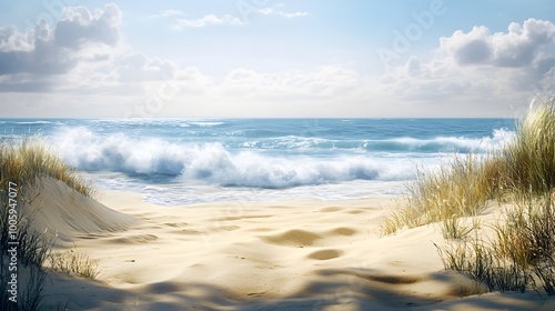 Wallpaper Mural Expansive cinematic coastal landscape featuring soft golden sand crashing waves and a serene glowing horizon in the background  Captured in a detailed impressionist style digital art Torontodigital.ca