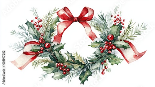 A wreath of holly and red ribbon with berries. The wreath is a Christmas decoration