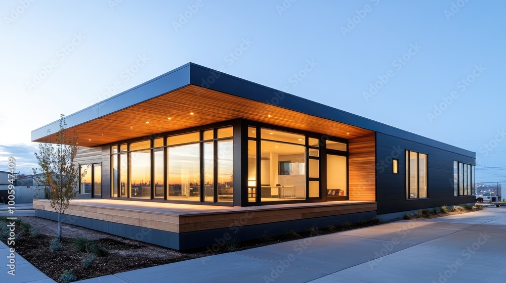 Modern architecture showcasing a sleek, stylish home with large windows and wooden accents, designed for contemporary living. Modern architecture showcasing a sleek, stylish home with large windows and wooden accents, designed for contemporary living.