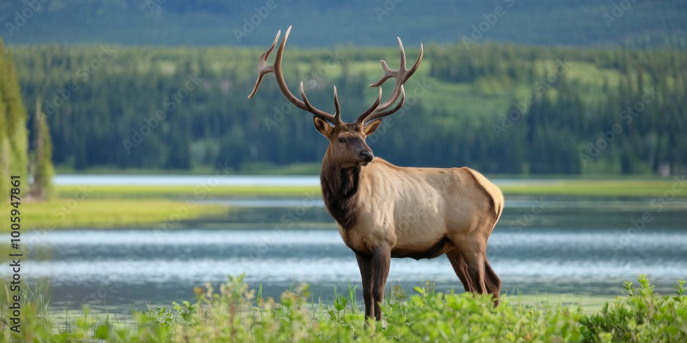 A female elk grazing near the lake A female elk grazing near the lake