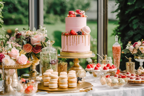 Wedding cake with floral decor, party celebration and holiday dessert catering in a country garden, post-processed, generative ai