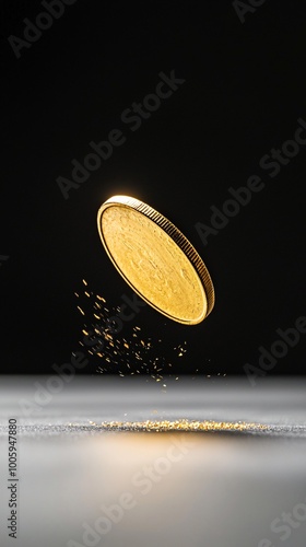 A vintage gold coin spinning in the air, catching the light as it rotates, gold coin spinning, symbol of fate photo