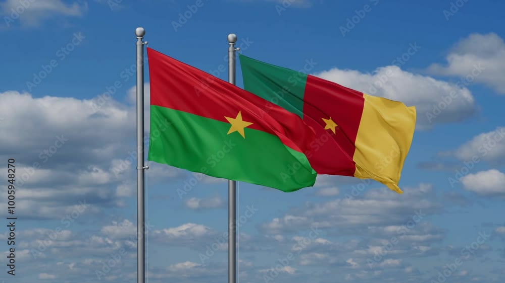 Cameroon and Burkina Faso flags flying together, video concept of the relationship, two country relations concept Cameroon and Burkina Faso flags flying together, video concept of the relationship, two country relations concept