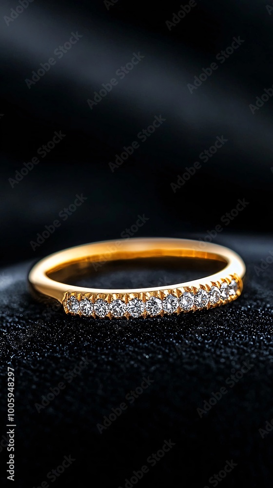 A gold ring adorned with diamonds resting on a velvet cushion, gold ring with diamonds, luxury and elegance A gold ring adorned with diamonds resting on a velvet cushion, gold ring with diamonds, luxury and elegance