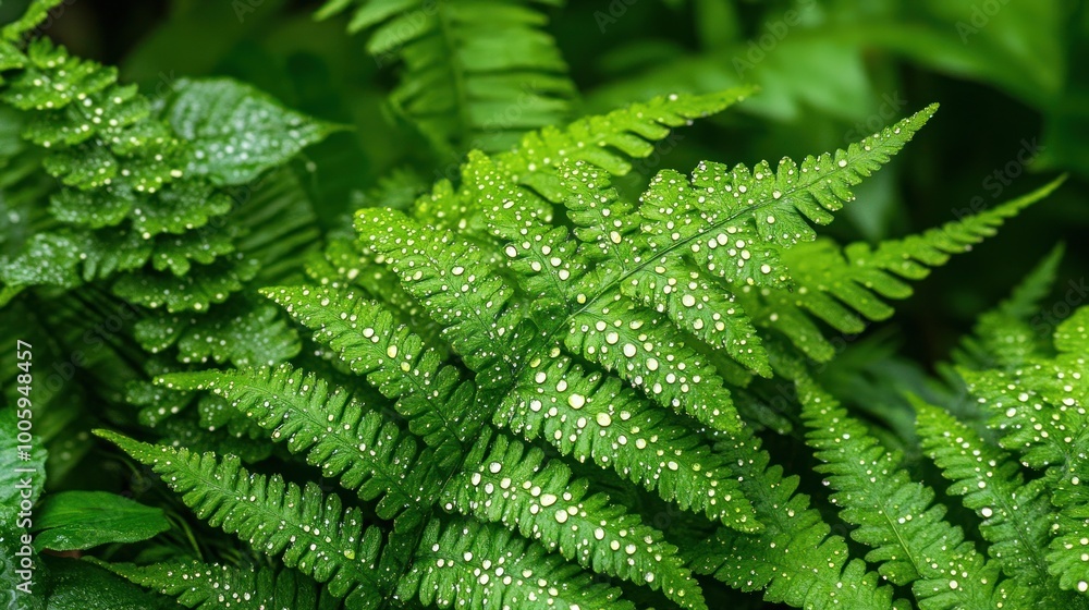 Lush green ferns adorned with droplets of water, showcasing nature's beauty and freshness. Lush green ferns adorned with droplets of water, showcasing nature's beauty and freshness.
