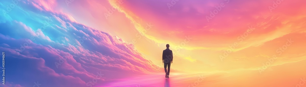 A surreal figure walking on a glowing path of color, with the sky filled with swirling, vibrant clouds A surreal figure walking on a glowing path of color, with the sky filled with swirling, vibrant clouds