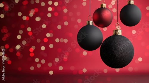 Colorful Christmas ornaments hanging against a festive red background adorned with bokeh lights. photo