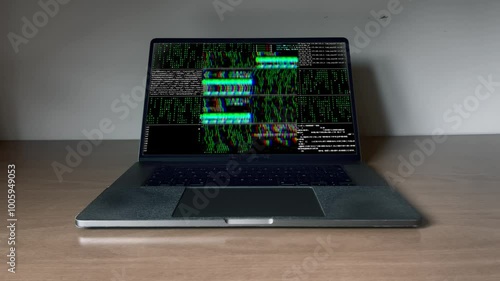 Hacker typing code on laptop with green digital interface. Cybersecurity hacker programming code with digital data overlay
