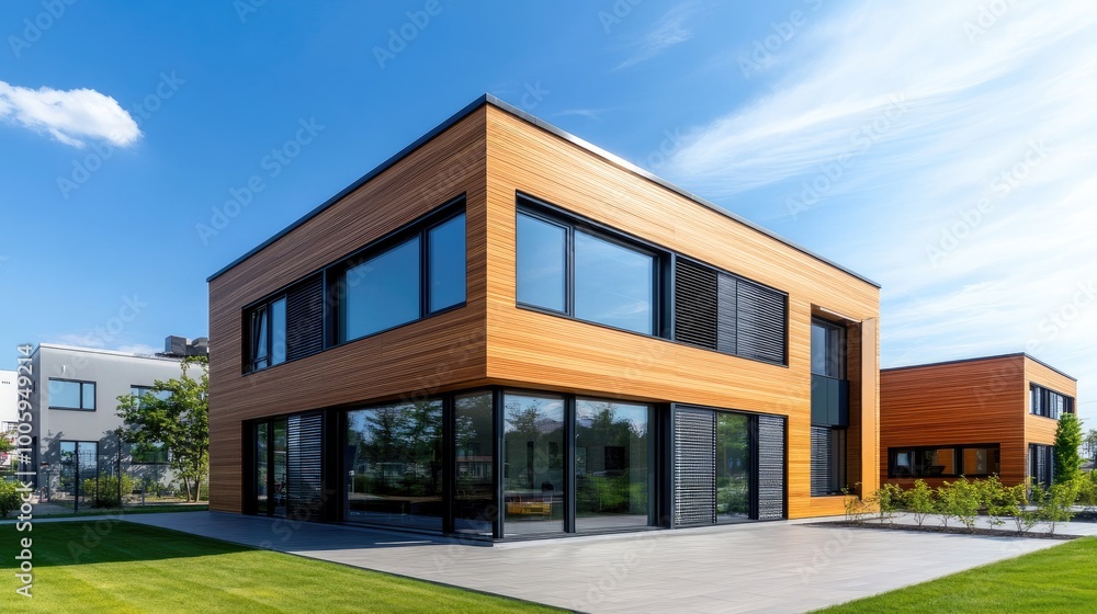 Modern wooden house with large windows, surrounded by a green lawn under a clear blue sky. Modern wooden house with large windows, surrounded by a green lawn under a clear blue sky.